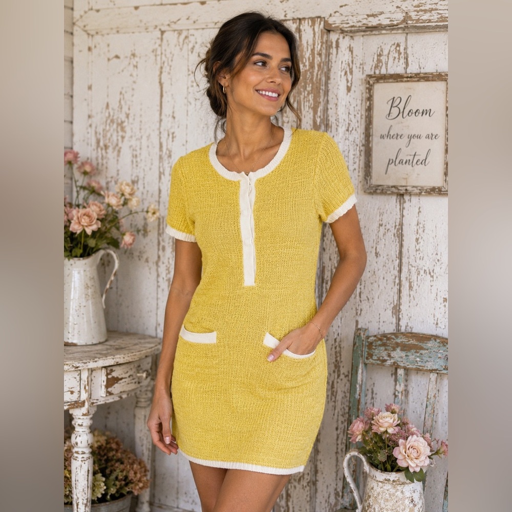 FREE ASSEMBLY Sunny Knit Mini Dress short sleeves Contrast Trim S‎